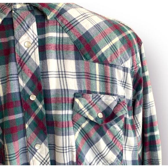 Vintage 90s Wrangler Western Pearl Snap Flannel Shirt 2XLT Tall Plaid Burgundy - Picture 2 of 8